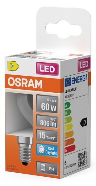 Průhledná LED žárovka E14 STAR 5,9 W CLASSIC P, studená bílá