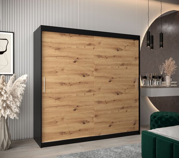 Skříň s posuvnými dveřmi v šířce 200 cm TIMEA - černá / dub artisan