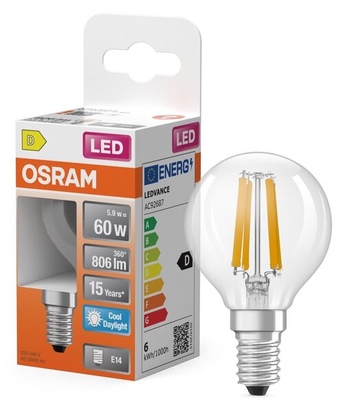 Průhledná LED žárovka E14 STAR 5,9 W CLASSIC P, studená bílá