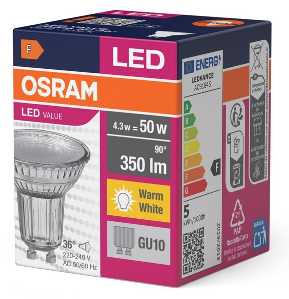 LED bodovka GU10 4,3 W PAR16, teplá bílá, náhrada 50 W