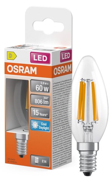 Průhledná LED žárovka E14 STAR 5,9 W, studená bílá