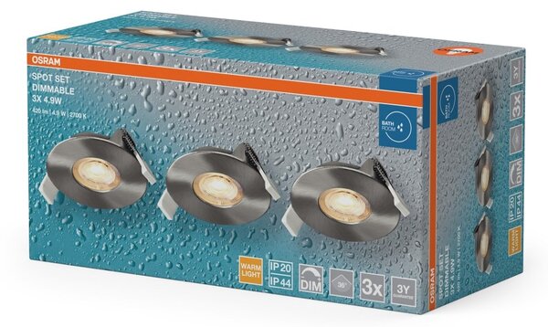 Vestavný LED reflektor DIM IP44 36°, teplá bílá, saténový nikl