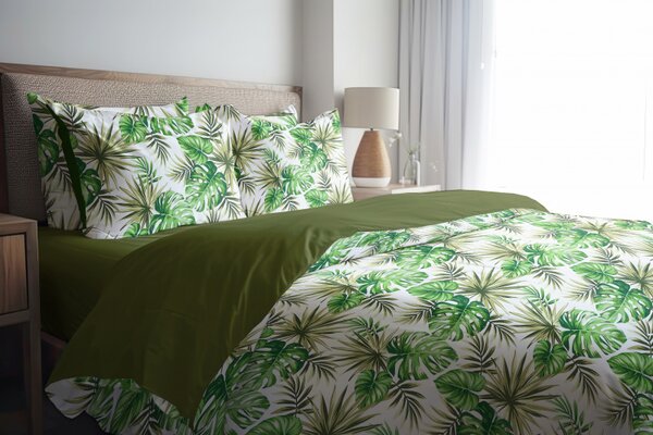 Ervi bavlněné povlečení oboustranné - Monstera zelená/olivové