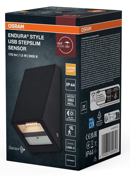 Venkovní svítidlo ENDURA® Style USB nástěnný, šedá, teplá bílá, 105 °