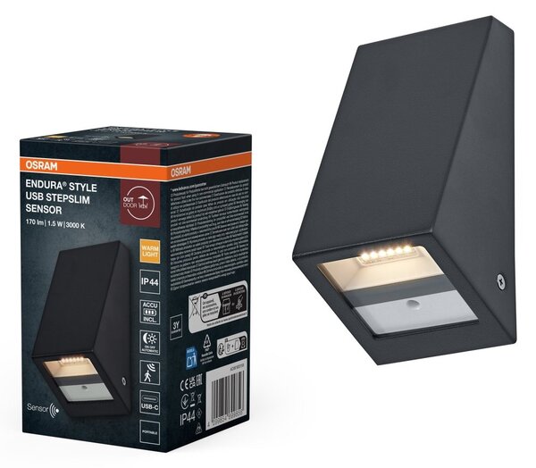 Venkovní svítidlo ENDURA® Style USB nástěnný, šedá, teplá bílá, 105 °