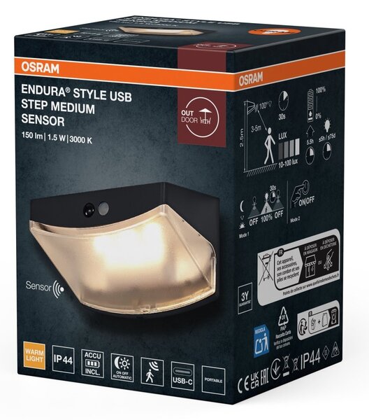 Venkovní svítidlo ENDURA® Style USB nástěnný, šedá, teplá bílá, 120 °