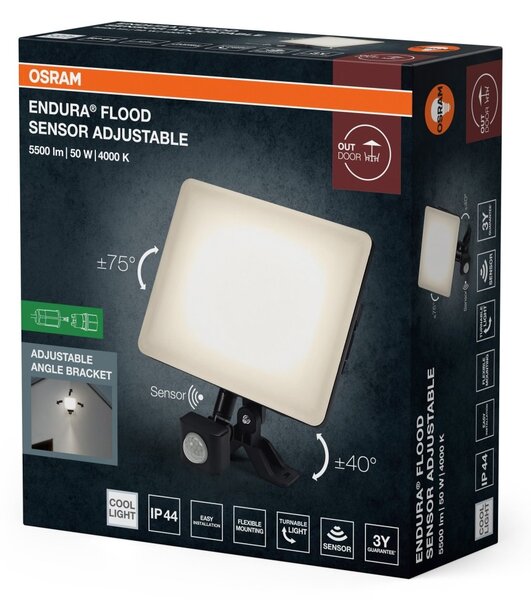 Venkovní reflektor ENDURA® nastavitelný se senzorem 50W, 120 °, černá