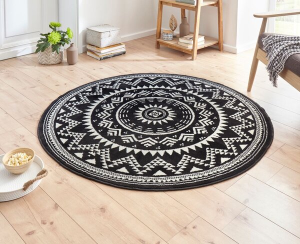 Hanse Home, Kusový koberec Celebration 103441 Valencia Black kruh, 200x200 (průměr) kruh, černobílá, chodba / předsíň