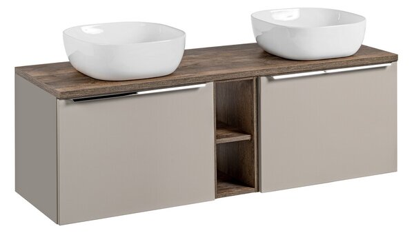 Comad Závěsná skříňka pod umyvadlo SantaFe Smile s deskou a umyvadly 140 cm taupe/dub santa fe vintage