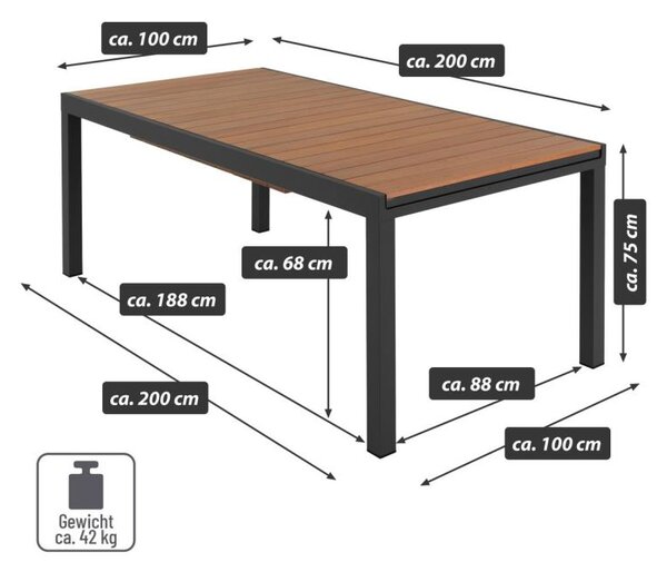 Rozkládací zahradní stůl kuchyňský stůl jídelní stůl dřevo hliník 200/300x100x75cm