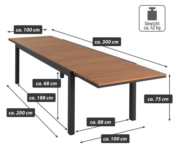 Rozkládací zahradní stůl kuchyňský stůl jídelní stůl dřevo hliník 200/300x100x75cm