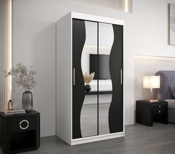 Šatní skříň se zrcadly XEIE - šířka 100 cm, bílá / černá