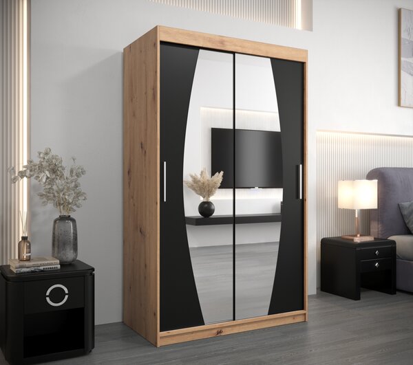 Šatní skříň se zrcadly DARINA - šířka 120 cm, dub artisan / černá