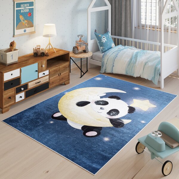 Makro Abra Dětský kusový koberec vhodný k praní BAMBINO 2322 Medvídek Měsíc Vesmír Hvězdy protiskluzový modrý Rozměr: 80x150 cm