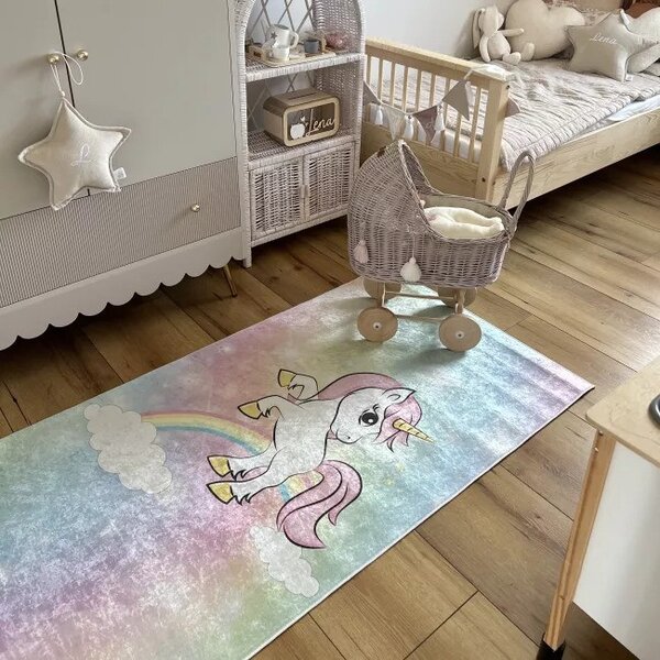 Makro Abra Dětský kusový koberec vhodný k praní BAMBINO 2661 Jednorožec protiskluzový růžový modrý Rozměr: 120x170 cm