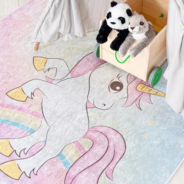 Makro Abra Dětský kusový koberec vhodný k praní BAMBINO 2661 Jednorožec protiskluzový růžový modrý Rozměr: 120x170 cm