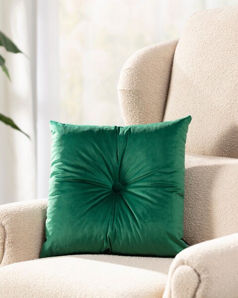Sametový polštář Velvet s knoflíkem barva zelená látka lesklé, sametová