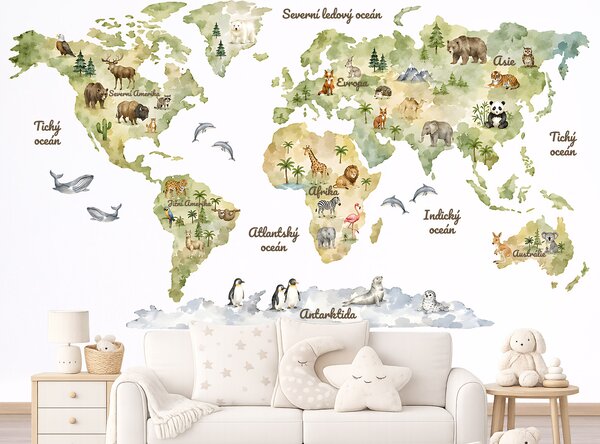 Akvarelová mapa světa se zvířátky dětské samolepky na zeď výsledný rozměr 109 x 62 cm