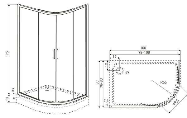Novoterm Asymetrický sprchový kout NV-Solid RA CHR 80x100 LEVÝ, chrom/transparent + vanička hluboká