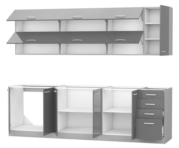 Kuchyně 260/260 cm RONG 4 - šedá / lesklá šedá + LED a příborník ZDARMA