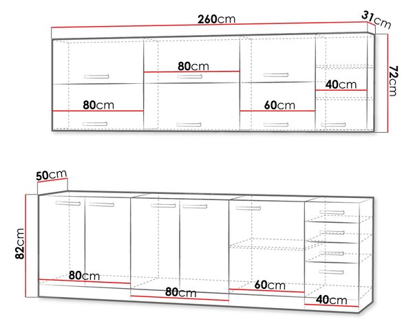 Kuchyňská linka 260/260 cm GENJI 4 - lesklá bílá / šedá