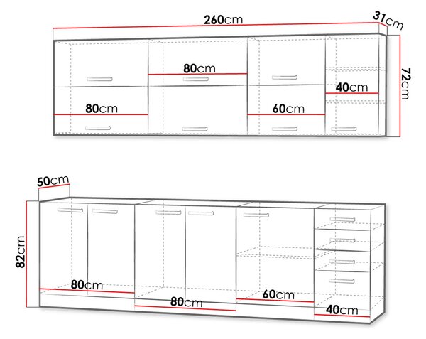 Kuchyně 260/260 cm RONG 4 - šedá / lesklá šedá + LED a příborník ZDARMA