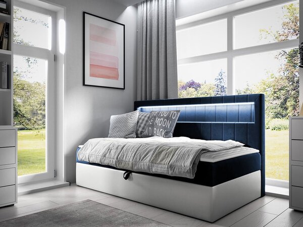 Boxspringová jednolůžková postel 100x200 RAMIRA 2 - bílá ekokůže / modrá 1 + topper ZDARMA
