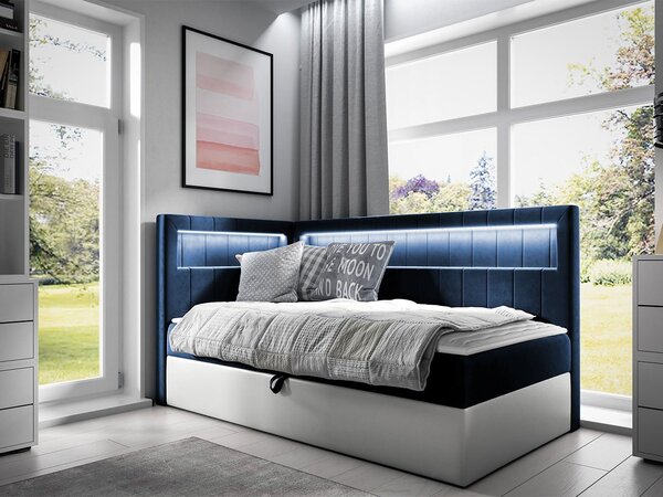 Kontinentální jednolůžková postel 100x200 RAMIRA 3 - bílá ekokůže / modrá 1, levé provedení + topper ZDARMA