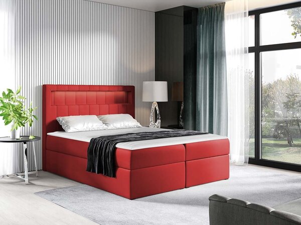 Americká dvoulůžková postel 200x200 RODRIGO - červená ekokůže + topper a LED osvětlení ZDARMA