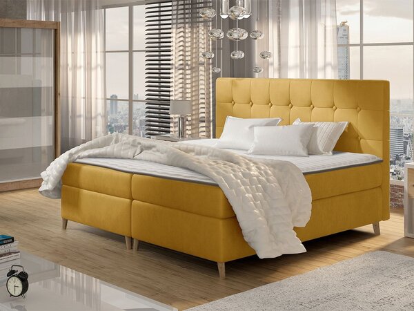 Boxspringová dvojlůžková postel 160x200 SERAFIN - žlutá + topper ZDARMA
