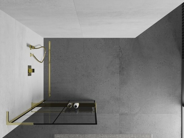 Mexen Kioto+ L, sprchová zástěna Walk-In s poličkou a věšákem 80 x 200 cm, 8mm čiré sklo černý vzor, ​​zlatý lesklý profil, 800-080-123-50-77