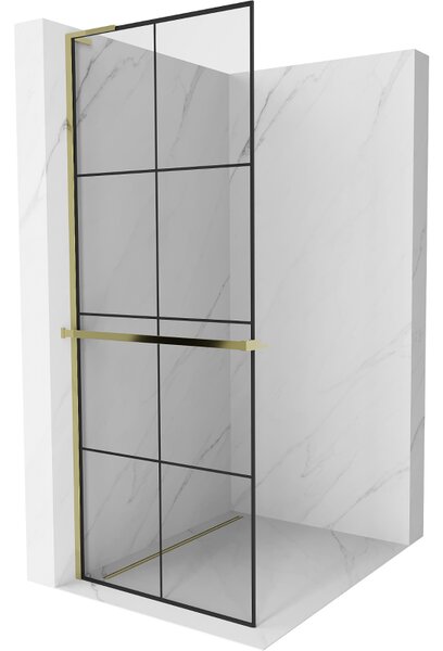 Mexen Kioto+ L, sprchová zástěna Walk-In s poličkou a věšákem 80 x 200 cm, 8mm čiré sklo černý vzor, ​​zlatý lesklý profil, 800-080-123-50-77