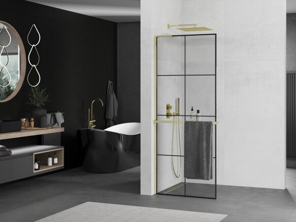 Mexen Kioto+ L, sprchová zástěna Walk-In s poličkou a věšákem 80 x 200 cm, 8mm čiré sklo černý vzor, ​​zlatý lesklý profil, 800-080-123-50-77
