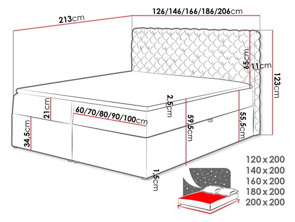 Kontinentální manželská postel 200x200 VALANCIA - šedá + topper ZDARMA
