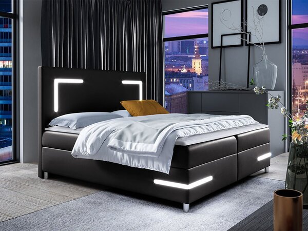Boxspringová manželská postel 200x200 MADENA - černá ekokůže + topper a LED osvětlení ZDARMA