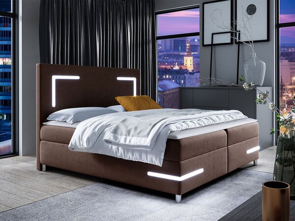 Boxspringová manželská postel 160x200 MADENA - hnědá + topper a LED osvětlení ZDARMA