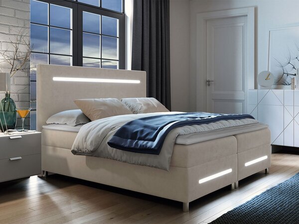 Boxspringová manželská postel 140x200 MARIELA - béžová + topper a LED osvětlení ZDARMA