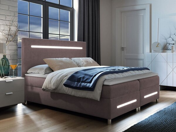 Boxspringová manželská postel 140x200 MARIELA - starorůžová + topper a LED osvětlení ZDARMA
