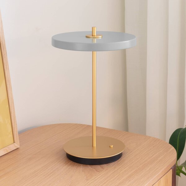 UMAGE LED stolní lampa na baterie Asteria Move mlhavě šedá/mosazná 31 cm, stmívatelný, Hliník / šedá / zinek, Obývací pokoj / jídelna, kov, Design