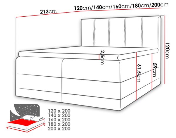 Boxspringová manželská postel 200x200 SANDIA - šedá + topper ZDARMA