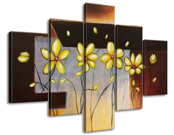 Ručně malovaný obraz Žluté kvítky - 5 dílný Rozměry: 100 x 70 cm