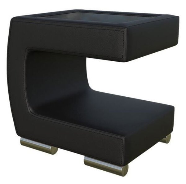 Noční stolek NELIA - černá ekokůže + černé sklo, levé provedení