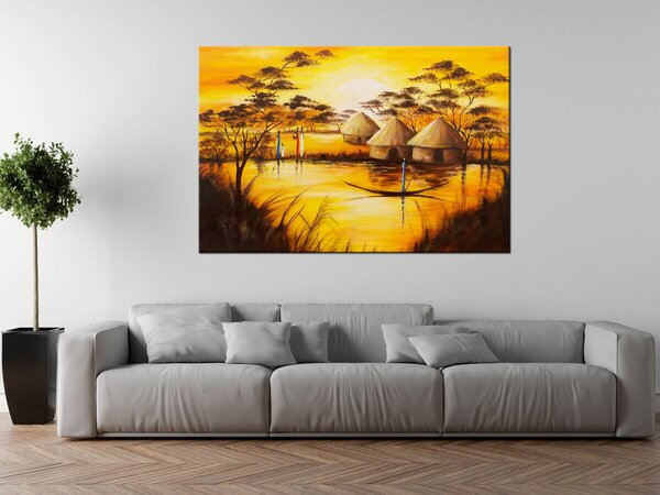 Ručně malovaný obraz Africká vesnice Rozměry: 70 x 100 cm