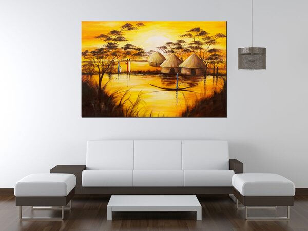 Ručně malovaný obraz Africká vesnice Rozměry: 70 x 100 cm