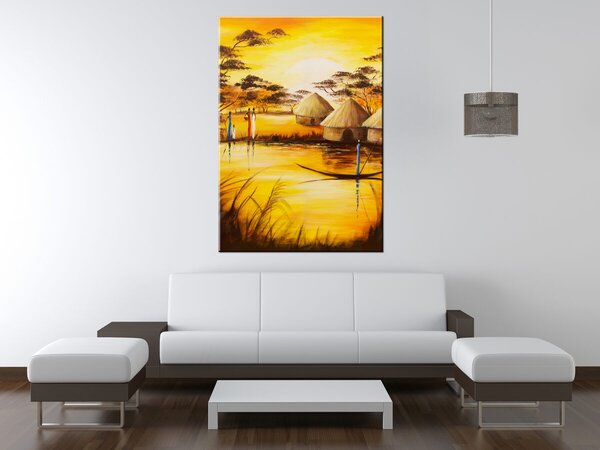 Ručně malovaný obraz Africká vesnice Rozměry: 70 x 100 cm