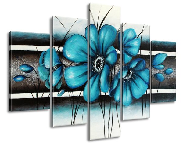 Ručně malovaný obraz Malované tyrkysové květiny - 5 dílný Rozměry: 150 x 105 cm