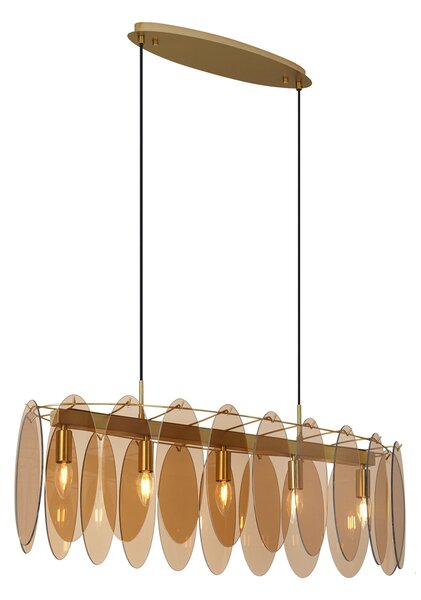 Závěsné svítidlo Art Deco zlaté s jantarovým sklem oválné 5-světelné - Mochan