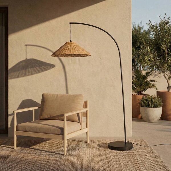 Lucande Venkovní lampa Taniola, kuželovitá, ratan, 195 cm, IP44, Tmavé dřevo, Dřevo, Venkovský / rustikální, stojací lampa