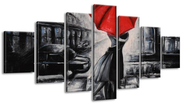 Ručně malovaný obraz Červený polibek v dešti - 7 dílný Rozměry: 210 x 100 cm