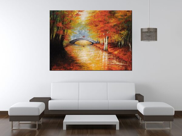 Ručně malovaný obraz Po podzimním mostě Rozměry: 100 x 70 cm